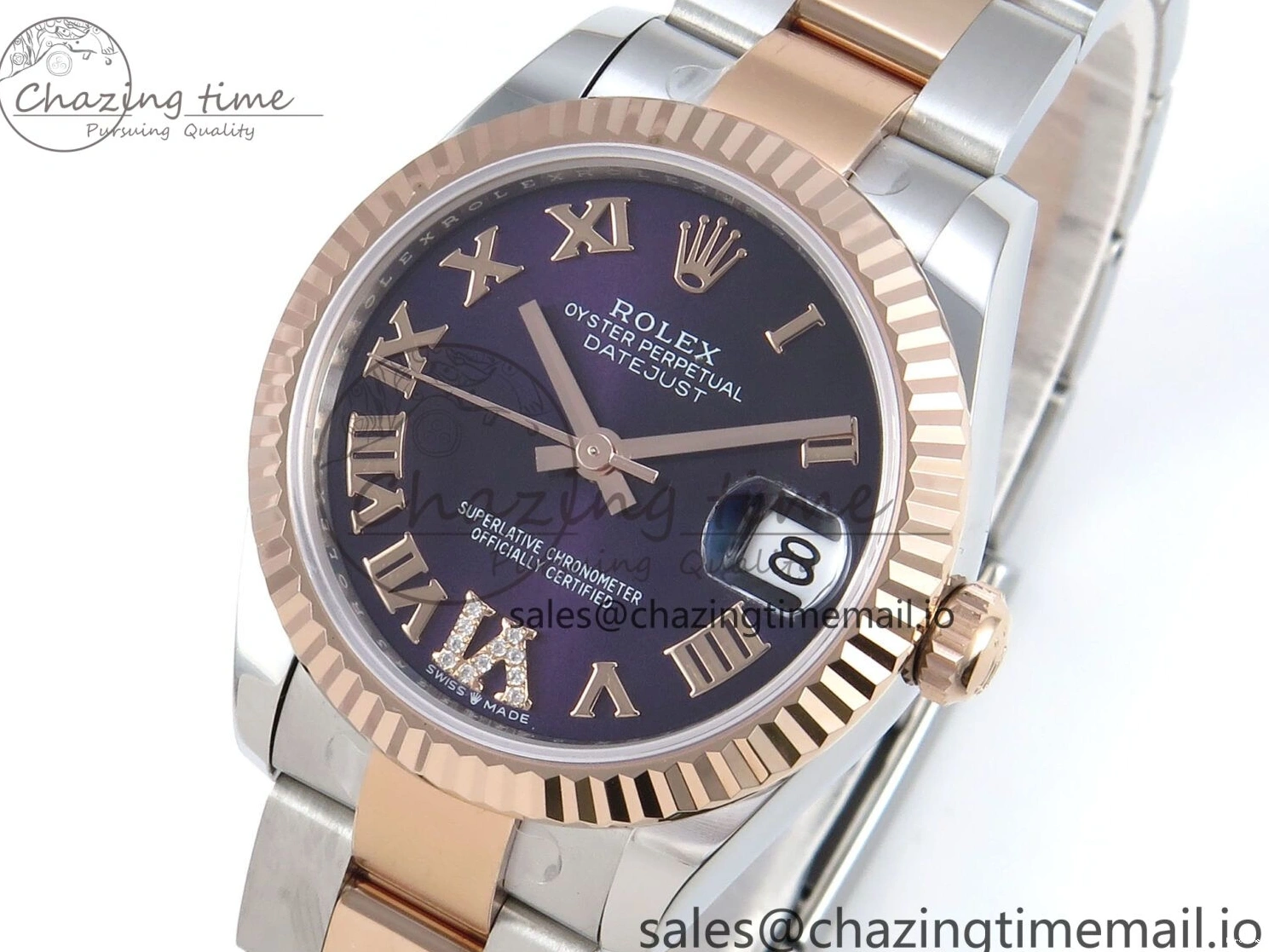 MiroTime 0218 DateJust 31 278271 ARF 1:1 Best Edition 904L Steel Purple Roman Diamonds Dial on SS RG Oyster Bracelet ETA TechFriendly 523